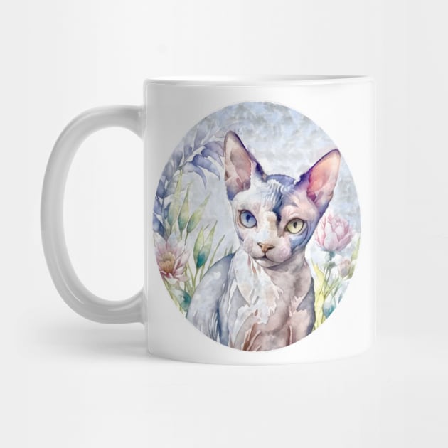 Sphynx cat with two color eyes in flowers by AnnArtshock